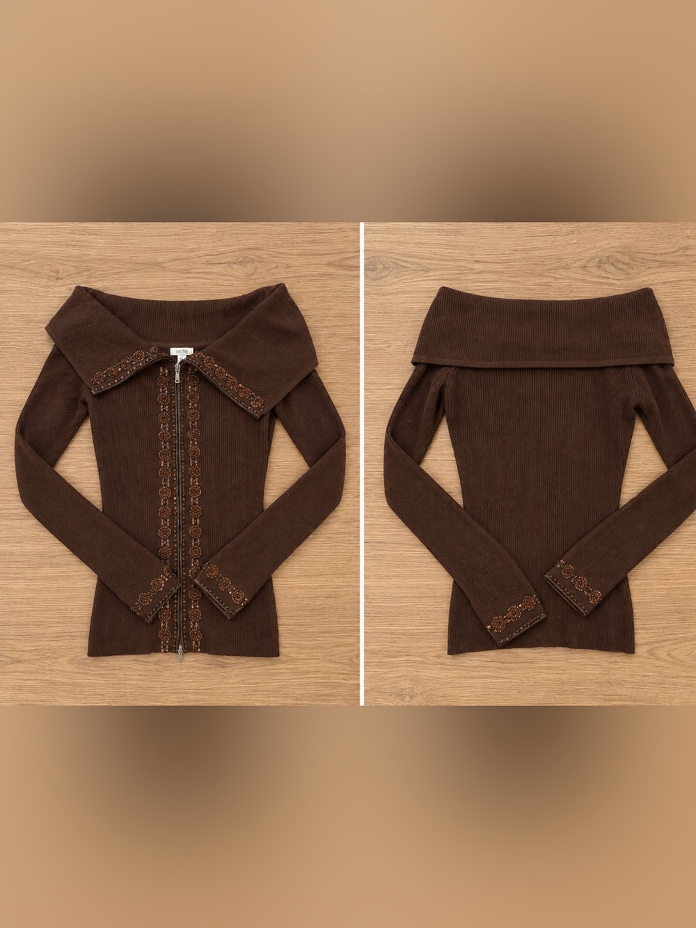 Cache Desperate Housewives Beaded Off-the-Shoulder Zip-Up Ribbed Sweater Brown S